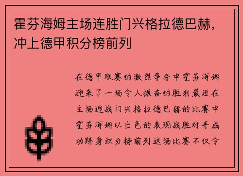 霍芬海姆主场连胜门兴格拉德巴赫，冲上德甲积分榜前列